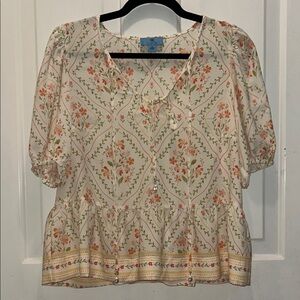 CeCe Cream Blouse with Orange and Green Floral Design